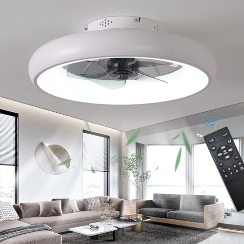 Exlafi Quiet 48CM Ceiling Fan with Lamp, Modern LED Lighting for Bedroom Living Room, Reversible and 6 Speeds, White
