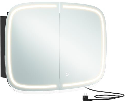 VASAGLE Miroir Salle de Bain avec Éclairage, Armoire de Toilette, avec 2 Prises AC, 2 Prises USB, 2 Étagères Réglables, Coins Arrondis, Noir d’Encre BBK128B01