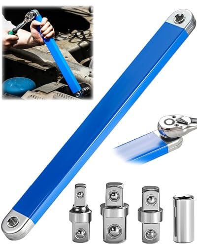 Offset Extension Wrench, 15Inch Zero Degree Ratchet Tight Reach Wrench Extender, Socket Wrench Tool with Square Drive Adapters (1/2, 1/4, 3/8), Universal Extensions Wrench for Small Place