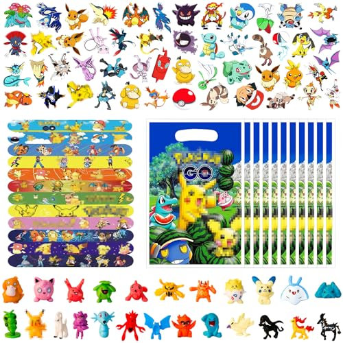 Mitgebsel Kindergeburtstag Gastgeschenke, 96 Stück Kinder Geburtstag Mitbringsel Set mit Mini Figuren Geschenktüten Schnapparmbänder Aufkleber, Anime Party Kleine Geschenke Give Aways Jungen Mädchen