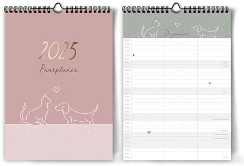 Kalender für Zwei 2025 [Blattgold] I Katze Hund I Paarkalender I Pärchenkalender I 3 Spalten I Monatskalender OKT 24 - DEZ 25 I Familienkalender I Wandkalender zum Aufhängen