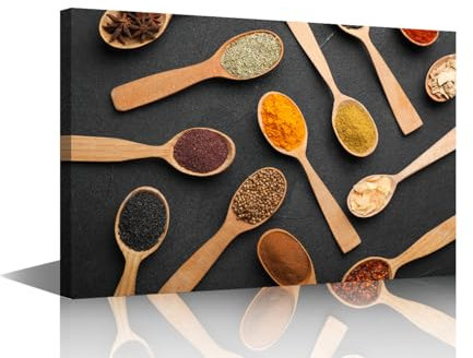 TISHIRON 1 Panels Large Wall Art for Living Room Composition With Different Aromatic Spices in Wooden Spoons on Dark Background Vintage Picture Supermarket Hotel Restaurant Wall Decor (24 Wx36 H)