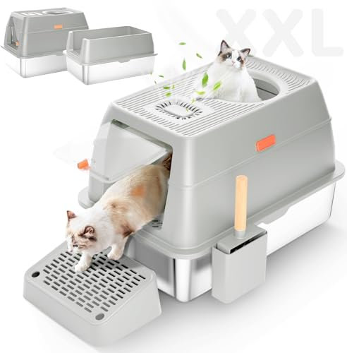 Arenero Cubierto para Gatos, Arenero Gatos Cubierto, Caja de Arena Abierta con Pala de Metal, Alfombrilla de Doble Capa, Borde Alto, Caja Grande para Gatos Grandes - Gris