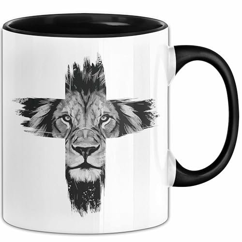 Christen Tasse Geschenk Christlich Glauben Kirche Geschenkidee Für Jesus-Fans Kreuz Löwe (Schwarz)