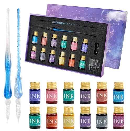 OT-NVWOZR 16PCS Glass Dip Pen Ink Set, 2 Calligraphy Crystal Dip Pen with 12 Colorful Drawing Ink, Glass Pen & Pen Holder, Cleansing Cup for Art Writing Signatures Kids Artist Gift (Blue)