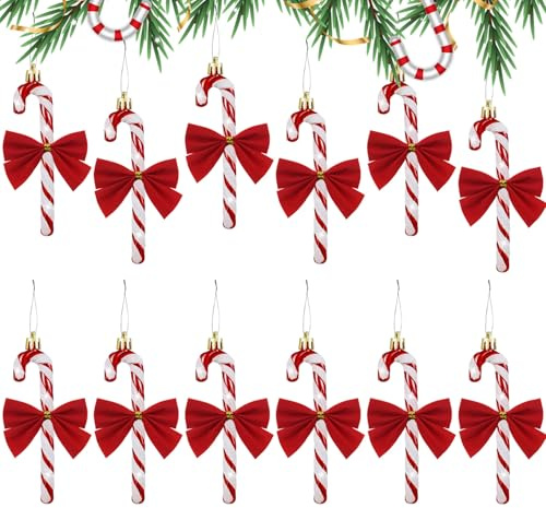 RobLuX 12 Stück Weihnachten Zuckerstangen zum Hängen und 12 Stück Rote Schleifen Zuckerstangen Weihnachtsdeko Christbaumschmuck Weihnachtsbaum Anhänger (Rot)
