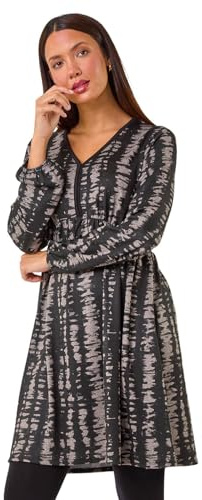 Roman Stretch Jersey Dress for Women UK Ladies Gathered Waist A Line Swing Skater Fit & Flare A Line Winter Autumn Knee Length V-Neck Casual Smart Cocktail Party - Black Taupe - Size 18