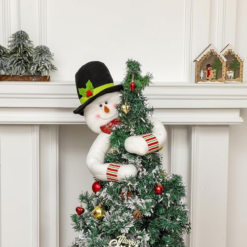 1 decorazione natalizia per albero di Natale, decorazione superiore in peluche, Babbo Natale, pupazzo di neve che abbraccia puntale per albero