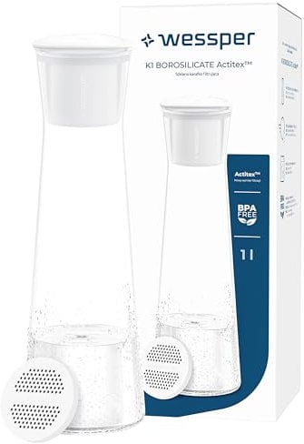 Wessper Jarra de filtro de vidrio de 1 litro, jarra con cartucho de filtro de disco Actitex, jarra de vidrio con tapa para agua y bebidas frías, sin BPA