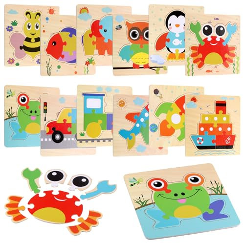 Huiguli Holzpuzzle für Kleinkinder von 1-3 Jahren, 12 Stück Tier Puzzle ab 2, Montessori Spielzeug Holzpuzzle, Lernspielzeug Kinderpuzzle, Geschenk für 1 2 3 jährige Jungen und Mädchen (B)
