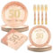 96Pcs 50th Rose Gold Birthday Decorations- Rose Gold Party Tableware Set 9in Dinner Paper Plates 7in Dessert Plates Napkins Bamboo Forks Vintage 1975 Party Decorations for Ladies Women Girl Serves 24