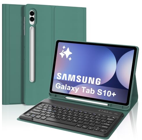 FOGARI Funda con teclado para Samsung Galaxy Tab S10 Plus 2024/S9FE+/S9 Plus 12,4, teclado QWERTZ alemán Bluetooth magnético desmontable para Samsung Galaxy Tab S10+ 2024/S9+ 12,4, verde oscuro