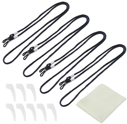 DAJING 4 Pcs Glasses Chain with 1 Microfibre Cleaning Cloth, Adjustable Eyeglass Cords Chain, Eyeglasses Cord, Sunglass Straps, Glasses Strap，Spectacles Straps Lanyard Eyewear Strap for Men & Women.