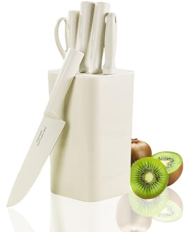 AVEKI Kitchen Knife Block Set, 7 PCS Stainless Steel Knives Set for Kitchen with Sharp Blade, Professional Chef Block Set with Ergonomic Non-slip Handle, Ideal for House Warming Gift (White)