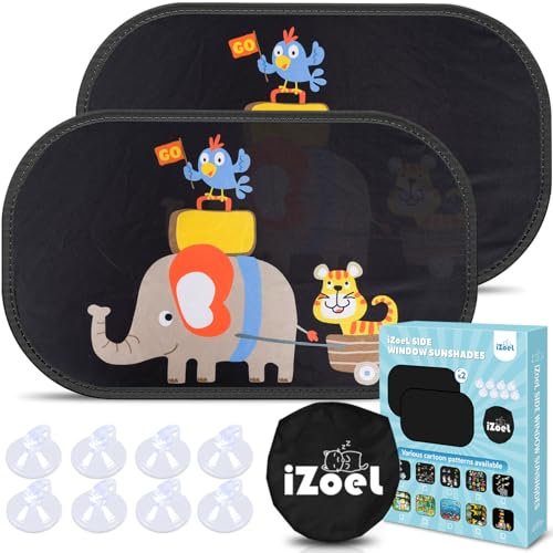 iZoeL Parasole Auto per Bambini, 2 Pezzi Parabrezza Finestrino Laterale, Motivo Gara di Elefanti, Autoadesivo, 8 Ventose, Custodia, 51 x 31 cm, Universale Protezione Solare E UV