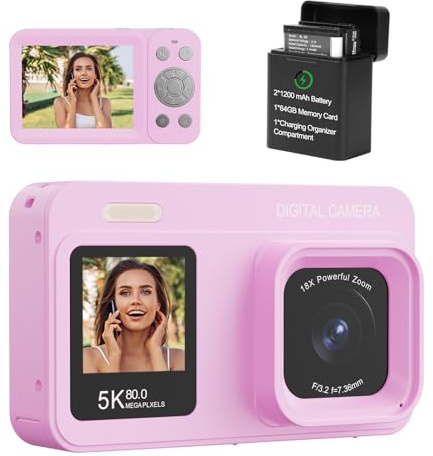 Fotocamera digitale a doppio schermo 5K, 80 MP, per YouTube, Campus, viaggi, fotocamera compatta per adolescenti e principianti con messa a fuoco automatica, zoom 18x, anti-vibrazione, viola