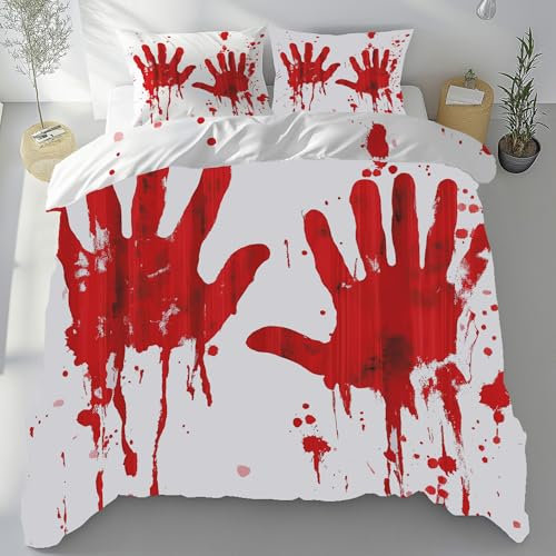 Kntnshac Graffiti Handabdrücke Bettwäsche 135x200, Horror Stil Blutiger Handabdruck Microfaser Bettwäsche-Set, Wendebettwäsche mit Reißverschluss，Enthält 1 Bettbezug und 2 Kissenbezug 80x80 cm