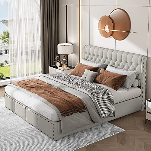 Physport Upholstered bed, Double Bed-4ft6(135 * 190cm), with hydraulic lever, functional storage bed, rivet decoration, without mattress, linen, light grey
