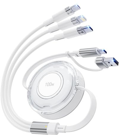 100W Retráctil Carga Cable de Múltiple USB, 5 en 1 Retráctil USB C y Light-ning Cables de Carga Rápida para Múltiples Dispositivos Compatibles con iPhone, iPad, Galaxy, Note y Más - 1.2M, Blanco