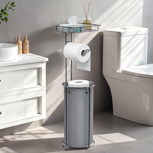 Lewondr Porte-Papier Toilette Indépendant, Gris | Avec Étagère, Sac de Rangement, Pour 3 Rouleaux de Papier, Support de Rangement pour Rouleaux de Papier Toilette