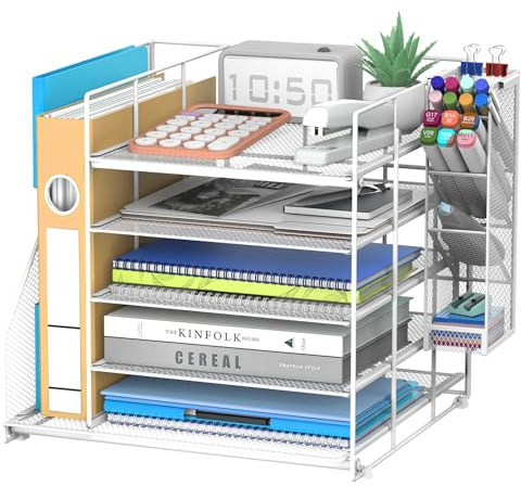 SUPEASY Desk Organiser with File Holder, 5-Tier Paper Letter Tray Organiser with Pen Holders, Large Desktop Storage for Office Supplies(white)