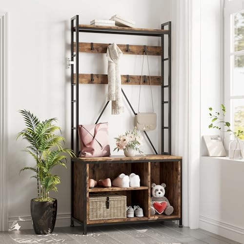 Hapihom Coat Rack with Shoe Storage, Industrial Freestanding Hall Tree with Coat Hooks & Metal Frame, for Hallway, Living Room, Bedroom, Cloakroom 93 x 35 x 178 cm - Retro