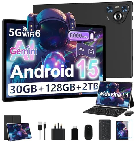 JUSYEA 2026 Tablet 10 Inch Android 15, 30GB RAM+128GB ROM/TF 2TB, 8000mAh, Parental Control, 8-Cores, Gemini AI/Widevine L1, BT5.0, 8MP+5MP, WIFI 6, Tablets Mouse and Keyboard Set-Black