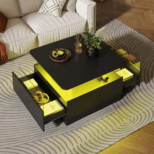 KEEPREAPER Round Coffee Tables with Storages, Modern Coffee Table for Living Room, Black Square Coffee Tables and 2 Spacious Drawers, Coffee Table with LED Light