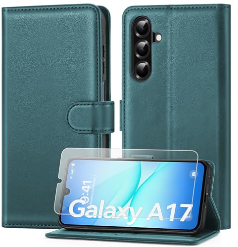 ivencase Coque pour Samsung Galaxy A17 avec Verre Trempé, Vert Turquoise | étui Cuir PU Magnétique, Pochette de Portefeuille, Fonction Stand Video, Porte Carte Credit, Rabat Housse Samsung A17 5G/4G
