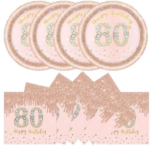 DHAIQC 50 Pcs 80th Birthday Paper Plates and Napkins Party Supplies, 7 Inch Rose Gold 80th Party Plates and Napkins Tableware Set for Women Girl Anniversary 80 th Birthday Decorations (80th)