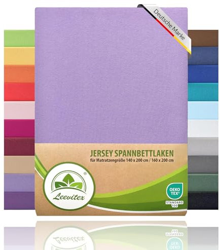 leevitex® Spannbettlaken 140x200cm - 160x200 cm | Spannbetttuch Bettlaken | 100% Jersey Baumwolle | Matratzenhöhe bis 25 cm | Öko-Tex | Flieder/Lavendel