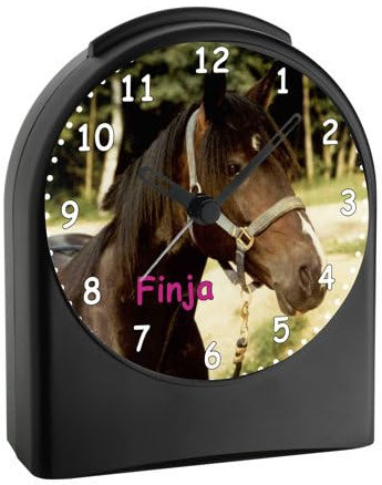 CreaDesign, WU-50-1079, Pferd, analog Kinderwecker schwarz, Funkwecker ohne Ticken, mit Licht, personalisiert mit Namen, 9,6 x 5,5 x 11,9 cm, 104 g