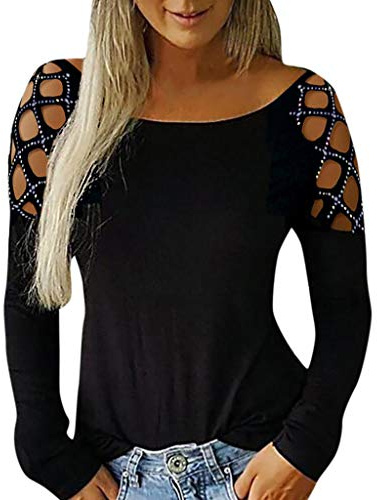 Lazzboy T-Shirts Mädchen Pullover Cutout Rundhalsausschnitt Aushöhlen Nieten Langarm T-Shirts Tops Sweatshirt Damen Off Shoulder Top Blusen Frauen Einfarbige