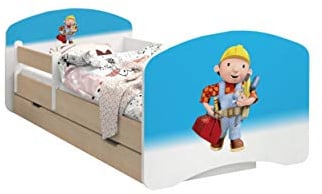 HappyBabies - Doppelseitiges Kinderbett MIT SCHUBLADE Modernes Design mit sicheren Kanten und Absturzsicherung Schaumstoffmatratze 7 cm Leichte Birne (Bob der Baumeister, 140/70)