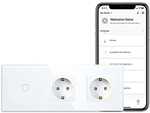 BSEED - Interruptor de luz táctil inteligente, de cristal, con enchufe normal de 1 módulo de 1 vía (requiere cable neutro), 16 A, normal, wifi, blanco, para Alexa/Tuya/Google Home/SMART LIFE