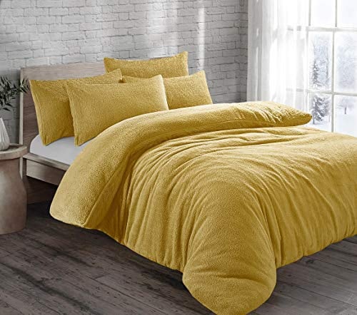 HOMES-LINEN Teddy Bear Fleece Thermal Warm Cosy Soft Fur Duvet Cover Set With Pillow Cases (Ochre, Super King)