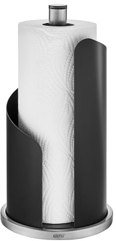 GEFU Küchenrollenhalter CURVE - Schwarz matter Edelstahl Halter mit Rutschfester Basis - Einhändiges Abreißen - Standfest & Stabil für Rollen bis 13cm - 30cm Höhe