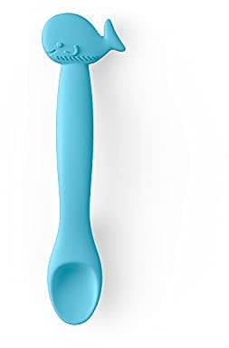 Suavinex, Cuillère en silicone pour bébés, +4 mois, Cuillère flexible avec manche long. Cuillère souple pour les gencives sensibles. Compatible Lave-vaisselle. Motif Baleine. Couleur bleue