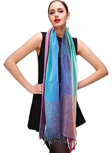 Shmily Girl Damen Pashmina Schal Stola für Frauen Schultertuch Eleganter Schal mit floralem Muster in vielen Farben (Buntes Blau)