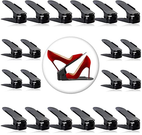 20 Stück Schuhstapler Platzsparend, Schuhorganizer Schuhaufbewahrung Platzsparend, Rutschfestes Schuh Organizer Schuhhalter mit 4-stufiger Verstellung Shoe Organizer Schuhregal Platzsparend, Schwarz