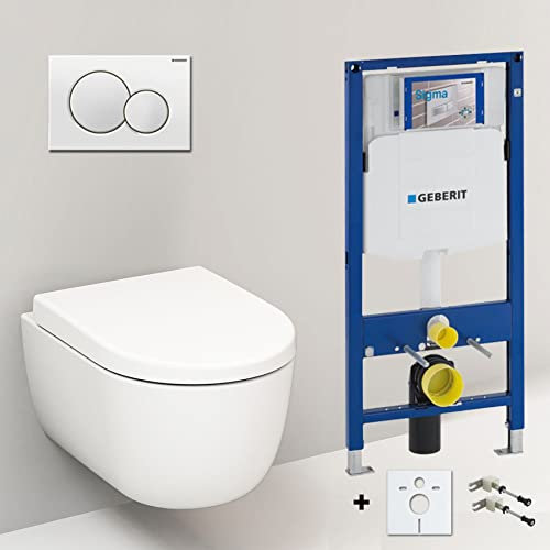 Spülrandloses Hänge Wc mit Spülkasten 49cm I Wand WC ohne Spülrand mit Geberit UP320 Vorwandelement und Sigma01 Betätigungsplatte I Randloses Hänge WC Komplettset Weiß Matt
