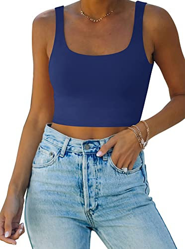 REORIA Damen Crop Top elegant Corset Top Neckholder Top Aesthetic Sport Sommer Tops Dunkelblau M