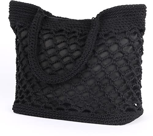 NiCoLa Women Beach Tote Bag Black Handbag, Cotton Tote Bags with Hollow Out Design for Beach Hiking Holiday Travel Outdoor Picnic Daily Use