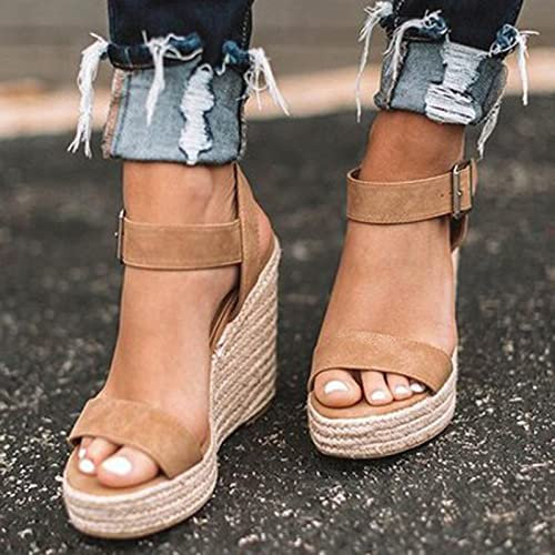 HIONRE Espadrillas Donna Zeppa Alta Ciabatte Sandali,Sandali in Corda di Canapa di Paglia, Sandali con Zeppa, Marrone, 41,Sandali Donna con Zeppa Corda
