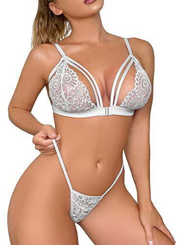 Niwicee Set Lingerie Donna Sexy Reggiseno Elegante Push Up Completi Intimi da Donna Pizzo Lingerie Spalline Regolabili Perizoma Set da 2 Pezzi Slip Soft Completi Intimi Apertura Frontale-B-Bianco-M