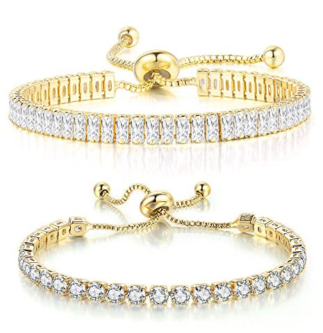 TOEECY Tennisarmband für Frauen 18K Vergoldete AAA + Zirkonia Verstellbare Tennis Armband Set Zierliche Klassische Freundschaftsarmband Modeschmuck Geschenk (Gold,#1)