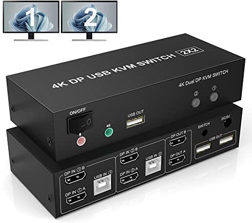KVM Switch 2 Monitore Displayport 4K@60Hz Extended Display, Displayport Switch 2 PC 2 Monitor mit Audiomikrofonausgang und 3 USB Ports, Keyboard Mouse PC Monitor Switch 2 PC 2 Monitore