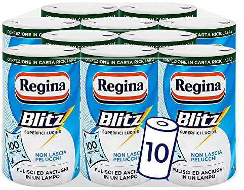Regina Blitz - Papel para casa, paquete de 10 rollos, 1000 hojas maxi de 3 capas, paquete de papel reciclable, para limpiar y secar en una cremallera, 100% certificado FSC