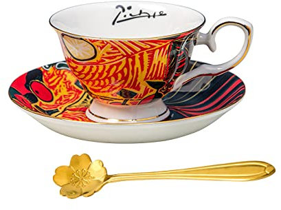 DECRZPB Handmade Ceramic Coffee Mug Cup and Saucer Set Pablo Picasso Still Life Under Lamp Pottery Coffee Tea Cup and Saucer Set Plate Oat Milk Mug Wedding Gift