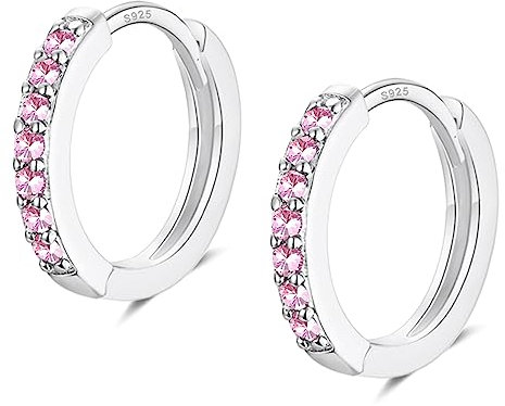 Silver Hoop Earrings for Women, Sterling Silver Small Huggie Hoop Earrings | Hypoallergenic Pink Cubic Zirconia Hoops Earrings Jewellery Gifts for Girls Birthday Wedding